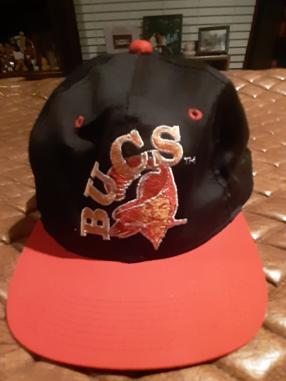 Retro Bucs Black & Red Snapback Hat with Embroidered Fish Logo